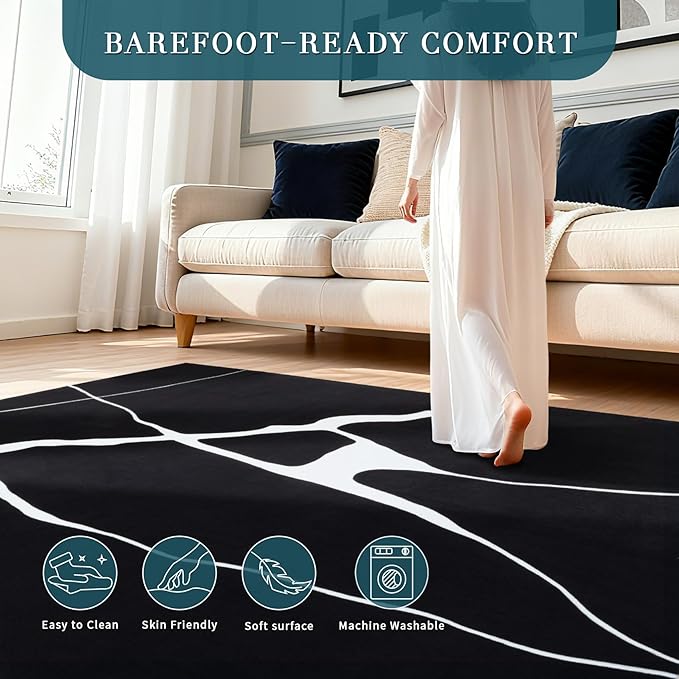 YIHOUSE Abstract Washable Rug 6x9,Ultra Thin Non Slip Black Rugs for Living Room,Modern Minimalist White Stripe Rugs for Bedroom,Dining Room Office Playroom (6'x9',Black-1)