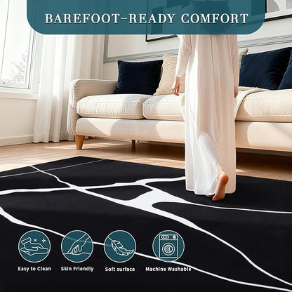 YIHOUSE Abstract Washable Rug 6x9,Ultra Thin Non Slip Black Rugs for Living Room,Modern Minimalist White Stripe Rugs for Bedroom,Dining Room Office Playroom (6'x9',Black-1)