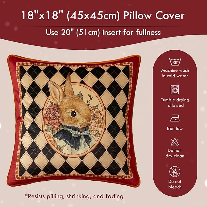 Easter Bunny Checkered Pillow Cover Decorations, Velvet Euro Sham Covers Decorative Throw Pillow Covers 18x18 for Couch Sofa Bed Home Decor