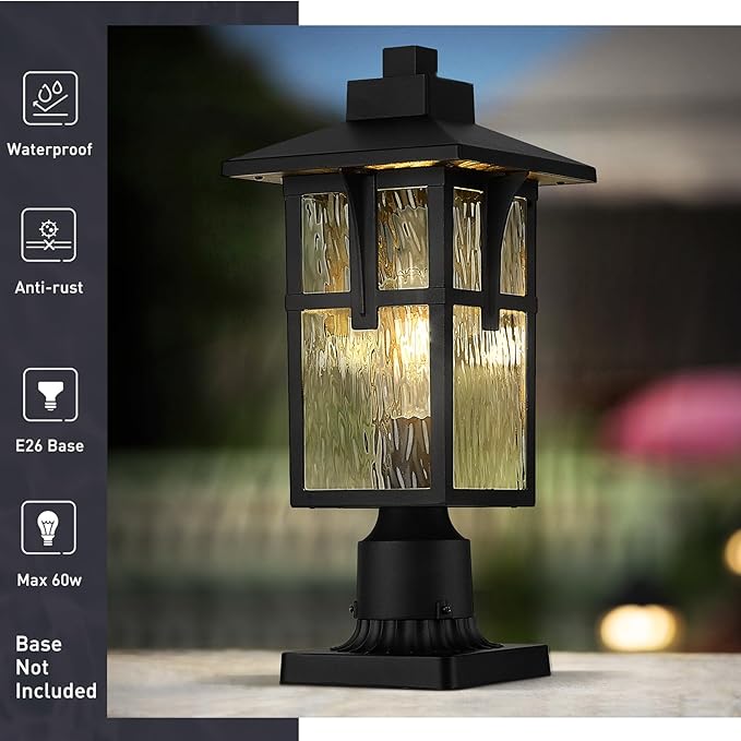 zeyu 16.7 Inch Outdoor Pole Light, Lamp Post Light Fixture for Garden Pathway, Die-Cast Aluminum with Water Ripple Glass, Black Finish, ZX1P-SW BK