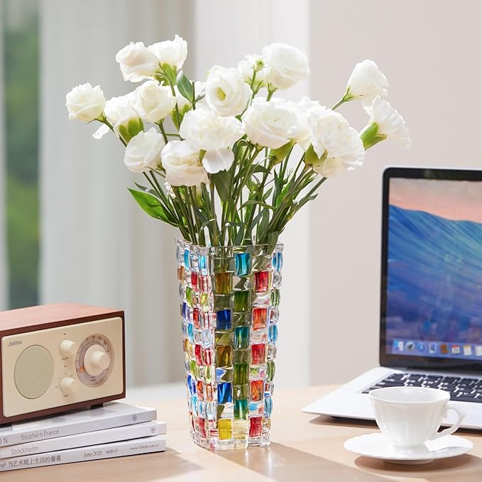 Hand Woven Colorful Glass Flower Vase - 7.7 Inch Mosaic Crystal Vase for Flowers, Unique Stained Glass Vase for Centerpieces, Weddings, Home Decor & Gifts for Women