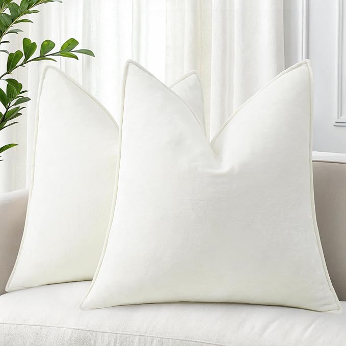 decorUhome Spring Couch Throw Pillow Covers 20x20 Set of 2, Decorative Soft Velvet Neutral Chenille Pillow Covers with Elegant Design for Sofa Bed Living Room Home Decor, Cream White