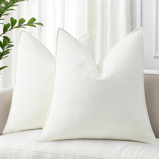 decorUhome Spring Couch Euro Sham Throw Pillow Covers 26x26 Set of 2, Decorative Soft Velvet Neutral Chenille Pillow Covers with Elegant Design for Sofa Bed Living Room Home Decor, Cream White