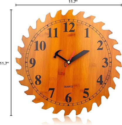 12 Inch Wood Wall Clock with Circular Saw Blade Dial, Handsaw and Hammer Pointer,Great Decor for Farmhouse,Garages and Man Cave