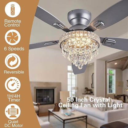 Crystal Ceiling Fan Fandelier with Lights-Ceiling Fans with Lights,50" Low Profile and Remote Control, Flush Mount, Reversible, Dimmable, Noiseless, Sliver Ceiling Fan for Bedroom