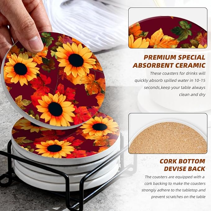 Coasters Set of 6 Ceramic Drink Coaster with Cork Base Modern Style Coasters for Mugs and Cups Office Kitchen 4 in