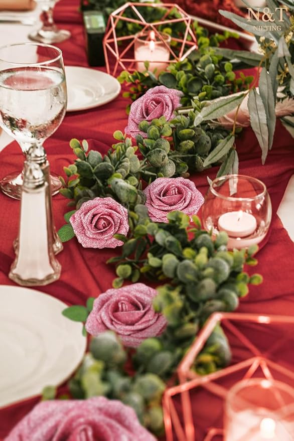 N&T NIETING Artificial Flowers Glowing Dark Pink Flowers Foam 25pcs Glitter Roses Real Looking Fake Roses with Stem for Valentine's Day DIY Wedding Bouquets Centerpieces Party Home Decorations