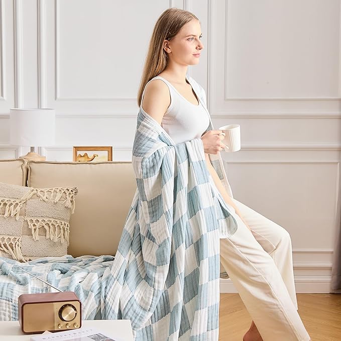 EMME Checkered Cotton Blanket Queen Size for Bed Soft Large Muslin Bamboo Bed Blankets 80"x90" Lightweight Breathable All Season Gauze, Teal