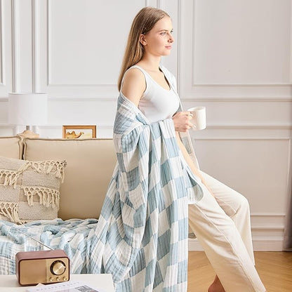 EMME Checkered Cotton Blanket Queen Size for Bed Soft Large Muslin Bamboo Bed Blankets 80"x90" Lightweight Breathable All Season Gauze, Teal