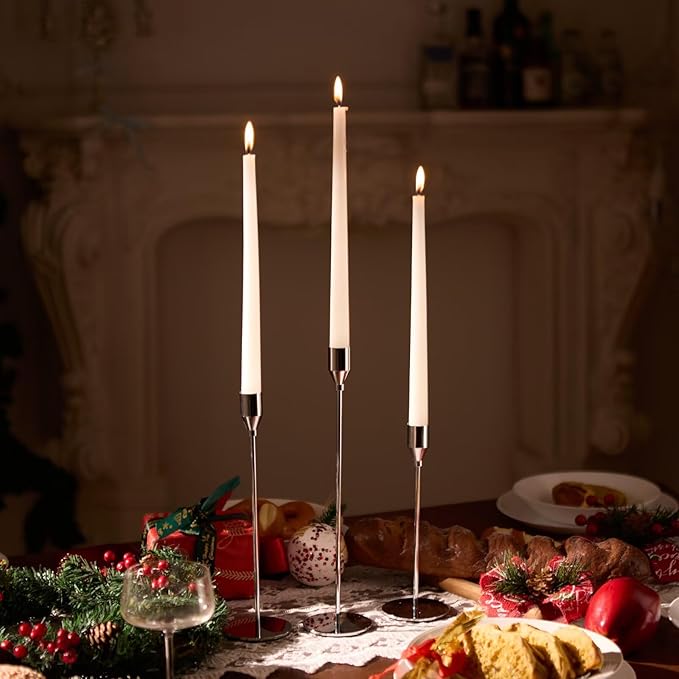Solid Taper Candle Holders Set of 6, Luxury Silver Long Skinny Candlestick (Heights: 9/11/13 Inch), Heavy Iron Anti-Slip Base for Fireplace Mantle Table Centerpiece Dining Decor