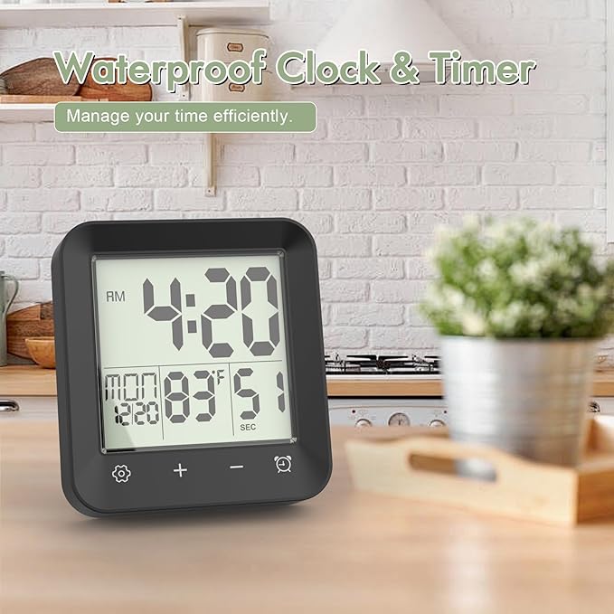 Waterproof Shower Clock, Digital Bathroom Kitchen Wall Clock Timer with Temperature, Touch Screen, Suction, Hanging Hole, Battery Operated, Black