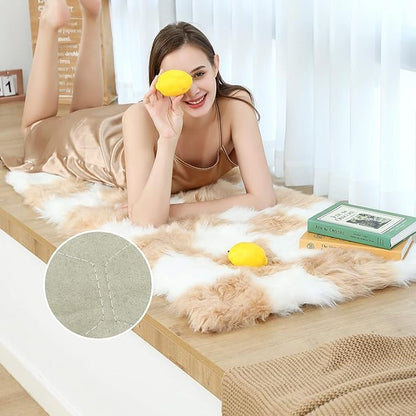Fluffy Faux Fur Brown and White Checkered Rug，Small Area Rug,2x4 Ft Ultra Soft Shaggy Plush Rug for Bedroom Living Room Bedside Nursery Kids Room