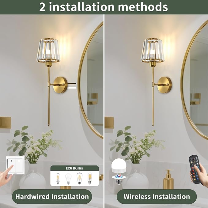 Battery Operated Crystal Wall Sconce Set of 2, Brushed Gold Wireless Wall Light with Remote Control, LED Dimmable 15 Colors USB Rechargeable Light Bulbs Wall Lamp for Bedroom Living Room Hallway
