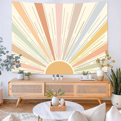 Kanuyee Boho Sun Tapestry Wall Hanging, Retro 70s Abstract Striped Aesthetic Sunrise Vintage Tapestries for Bedroom Living Room 60×80 inch
