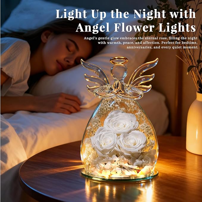 Beferr Valentines Day Rose Gifts for Her Women Mom Gifts for Birthday, Fresh Flowers for Delivery Prime Forever Preserved Rose in Glass Angel Figurine, for Grandma Wife Kids Daughter
