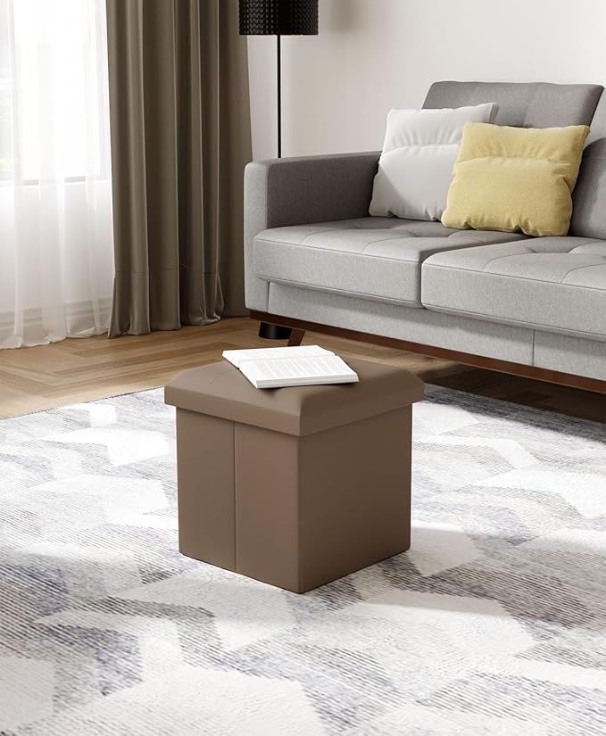 Folding Storage Ottoman Bench, Multi-Functional Ottoman Foot Rest, End of Bed Bench, Storage Chest for Living Room, Bedroom, Hallway, Entryway, Holds Up to 300 lbs (Brown, 15 Inches)