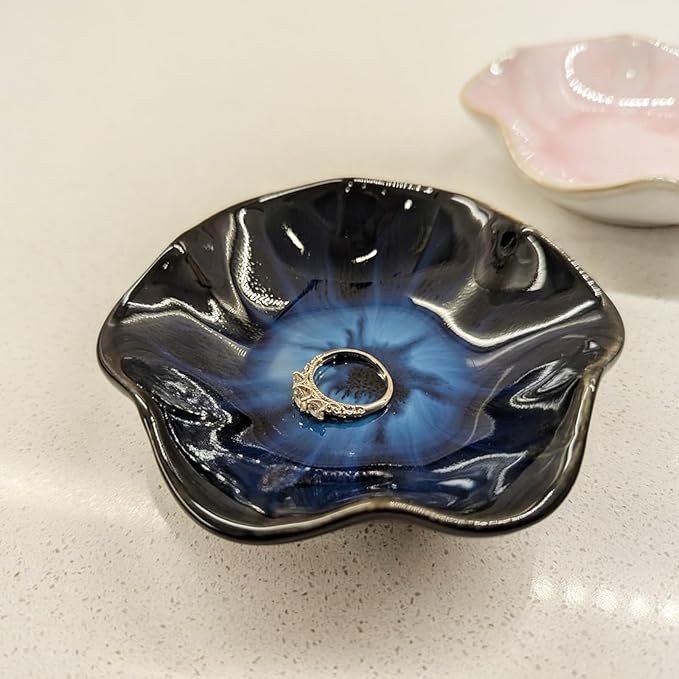 2Pcs Ceramic Jewelry Dish - Lotus Leaf Shape, for Ring Holder Necklace Small Key, Suitable for Mother Friend Sister, Gifts for Women, Cute Plate Trinket Tray, Home Decor (Light Blue & Blue)