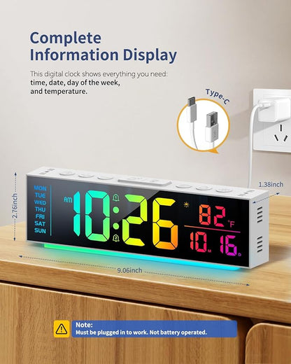 Digital Clock, Alarm Clock for Bedroom, Digital Wall Clocks for Classroom, Living Room Decor, Desk Clock Large Display, 13 Number Display Colors, 12 Ambient Light Colors, Auto Dimming, DST (White)