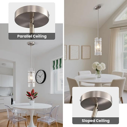 Modern Brushed Nickel Crystal Pendant Light for Kitchen Island, Luxury Mini Water Ripple Glass Chandelier Fixture, Round Adjustable Hanging Pendant Lighting for Dining Room Bedroom Hallway (1-Pack)