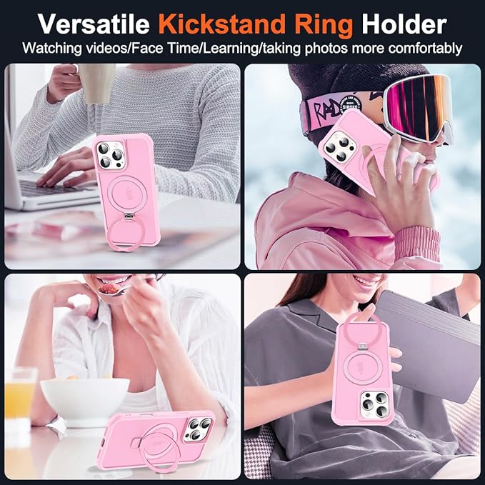 Compatible with iPhone 16 Pro Case with Invisible Magnetic O-Ring Stand Military-Grade Translucent Case for iPhone 16 Pro 6.3" [Compatible with Mag-Safe][Great Grip Feeling], Pink