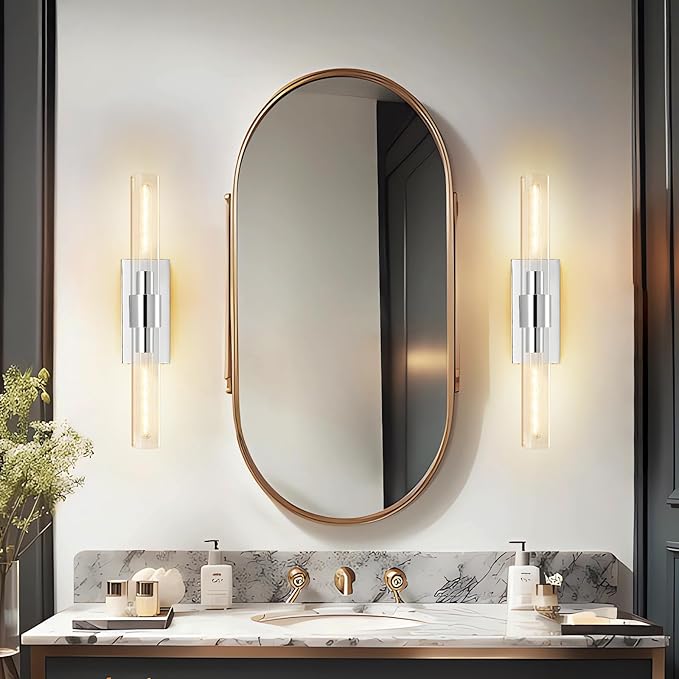 Wall Sconces Set of 2, 22.8" Chrome Bathroom Sconces, Indoor Sconces Lighting with Glass, Nickel Vanity Lights with Tube, Dimmable Bedroom Bedside Wall Light for Dressing Table Staircase