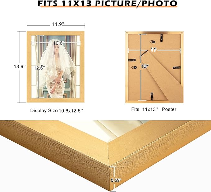 11x13 Picture Frame Gold, Rustic Natural 13x11in Photo/Portrait/Poster/Art Frame, Wall Hanging/Tabletop, Horizontal/Vertical Display Gallery Family Wedding Memorial Pic Frame Gift