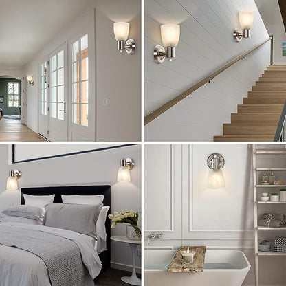 Wall Sconces Set of 2, Brushed Nickel Vanity Lights for Bathroom, Modern Wall Light Fixtures with Rotary Switch, Wall Mount Light with Frosted Glass, Farmhouse Lamp for Bedroom Living Room