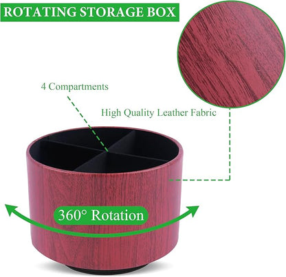 Round Leather Art Supply Organizer,Remote Control Holder,360 Degree Spinning,Multi-Functional Pencil Holder,4 Compartments Desktop Stationary Organizer(1-Thin Wood Red Brown)
