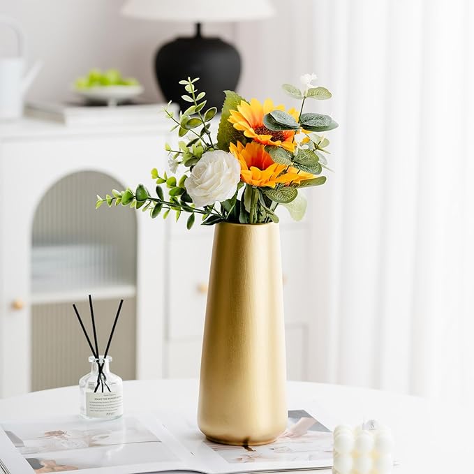 Light Gold Vase - 10" Gold Ceramic Flower vase for Home/Table/Accent Decor, Minimalist Modern Vases Ceramic for Centerpieces, Room Decor, Living Room, Bedroom or Gift
