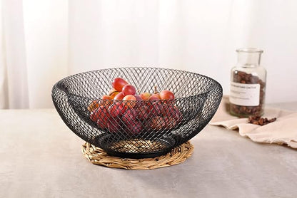 IBWell Metal Wire Woven Fruit Storage Bowl Basket for Kitchen, Large Black Mesh Fruit Stand, for Apple, Pineapple, Banana, Orange, Lemon, Pear, Strawberry, Watermelon (Black, Small)