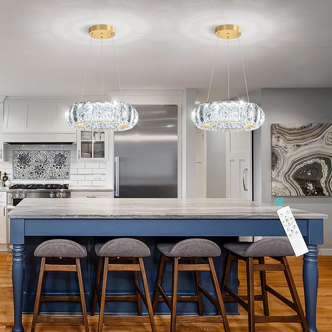 Crystal Round Chandelier Modern LED Dining Pendant Lights for Kitchen Island Dining Room Remote Dimmable Hanging Light Entrance Bedroom Lighting Gold