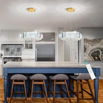 Crystal Round Chandelier Modern LED Dining Pendant Lights for Kitchen Island Dining Room Remote Dimmable Hanging Light Entrance Bedroom Lighting Gold