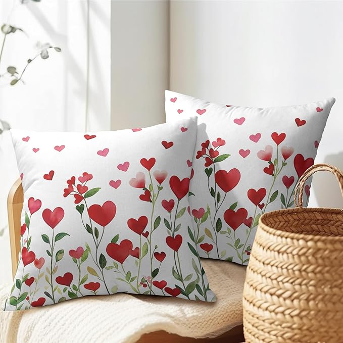 Valentines Day Pillow Covers 20x20 Set of 2 Green Red Heart Throw Pillow Covers Love Pillowcase Linen Decoration Farmhouse Holiday Cozy Soft Cushion Case Couch for Indoor Outdoor Home Decor
