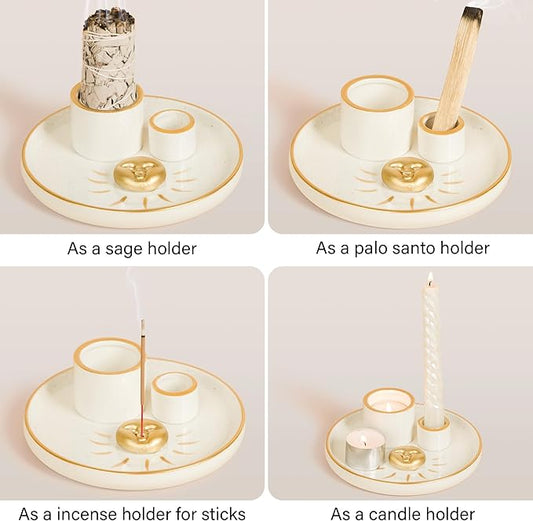 ZenBless Multifunction Incense and Candle Holder for Burning Sage, Palo Santo, Incense Sticks - 5.9" Ceramic Ash Catcher Tray for Meditation Room Home Decor (Gold)
