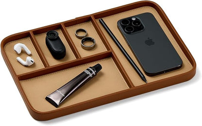 Nordik Leather Valet Tray - Sand Brown - 11.8x7.9 Inch Large Vegan Leather Tray - Stylish Nightstand Organizer for Men - Modern Bedside Caddy - EDC Catchall for Key Watch Wallet Jewellery