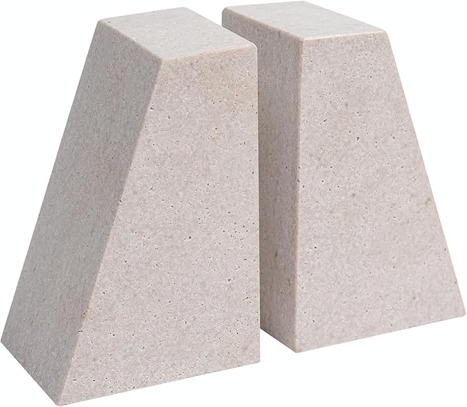 Marble Bookends for Shelves, 11LB Heavy Duty Marble Book Ends for Heavy Books, Stone Bookends Decorative, Polished, Beige Triangular, Set of 2