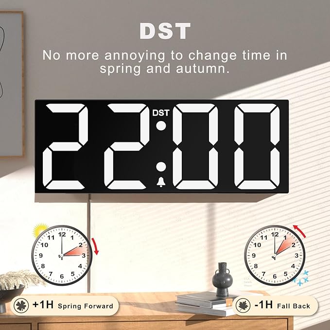 JALL 22'' Large Digital Wall Clock, Big LED Number Dispaly, DST, Night Light for Classroom, Living Room, Bedroom, Mounted, Birthday Xmas Gift for Senior, Mem Womem Mom Dad, White
