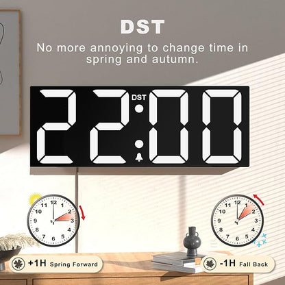 JALL 22'' Large Digital Wall Clock, Big LED Number Dispaly, DST, Night Light for Classroom, Living Room, Bedroom, Mounted, Birthday Xmas Gift for Senior, Mem Womem Mom Dad, White