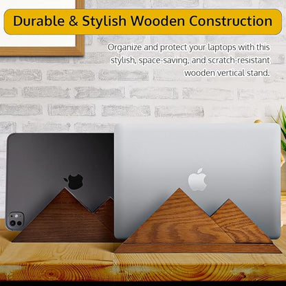 Dual Laptop Holder Vertical Stand 2 Slots Wooden - Dark Brown (Walnut Color) - Vertical Holder for Desk, MacBook Pro & Air, Desktop Organizer Made of Natural Wood, Adjustable Stand for Notebooks