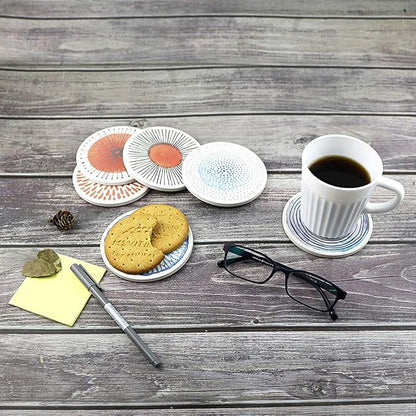 AD Set of 6 Coasters for Drinks Absorbing Round Ceramic Stone Coaster with Cork Base Tabletop Protection Mat for Mugs and Cups,Office,Kitchen (Colorful with Rose Gold Holder)