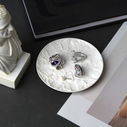 Ceramic Jewelry Dish, Decorative Tray for Rings Earrings Necklaces Bracelet Watch Keys, 4.50" Trinket Tray as Gifts for Women (White Butterflies)