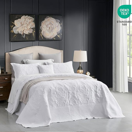CHIXIN Oversized King Bedspread 128x120 Extra Wide - Lightweight Bedding Cover - Beautiful Stitching - 5 Piece Reversible Bedspread - Gorgeous Damask Paisley Pattern (King/Cal King, Pure White)