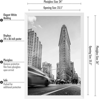 Americanflat 24x36 Poster Frame with Polished Plexiglass - White Picture Frame - Wide Photo Frames Made of Engineered Wood for Vertical or Horizontal Wall Display - Epic Collection - White
