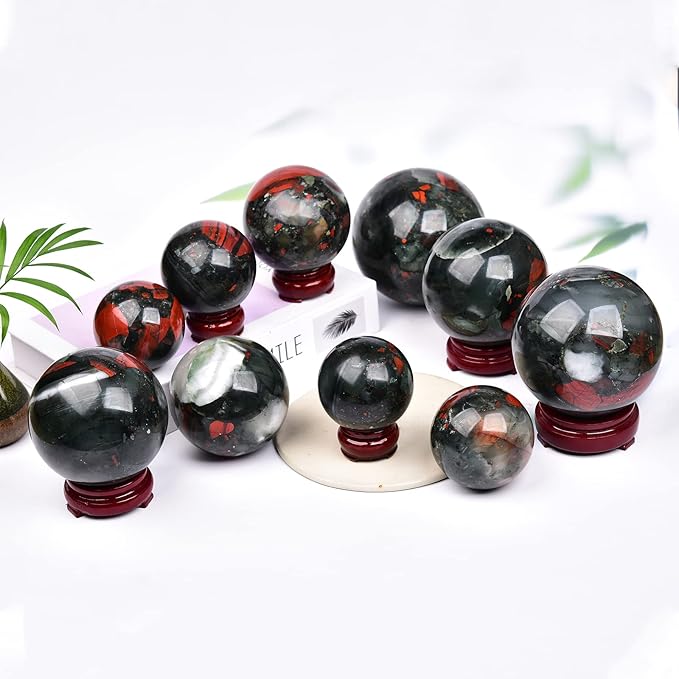 JIC Gem Natural African Bloodstone Healing Crystal Sphere Divination Gemstone Ball,Feng Shui Reiki Aura Home Desk Decor (80-90mm)