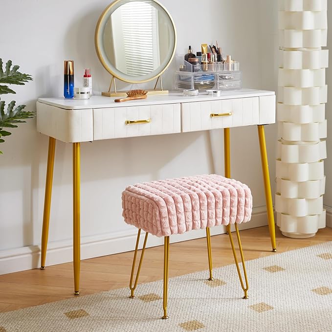 IBUYKE Rectangular Footrest Stool Ottoman, Makeup Vanity Stool Side Table, Velvet Dressing Table Seat, Footstool Chair, Golden Steel Legs, for Makeup Room, Bedroom, Square Grid Pattern, Pink WBD003P