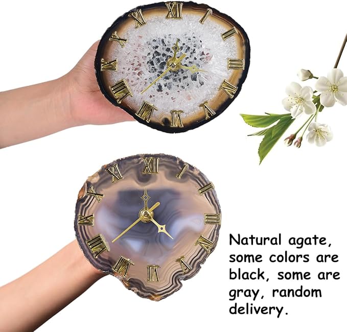 JIC Gem Natural Agate Slice Clock Natural Black/Gray with Base,Agate Clock,Decorative Clock