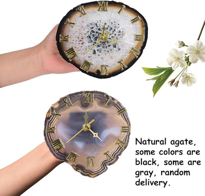 JIC Gem Natural Agate Slice Clock Natural Black/Gray with Base,Agate Clock,Decorative Clock