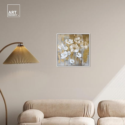 Art Remedy Golden Daisies Canvas Elegant White Gold Wall Art, White Frame, 20" x 20"