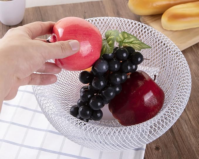 IBWell Metal Wire Woven Fruit Storage Bowl Basket for Kitchen, Large Black Mesh Fruit Stand, for Apple, Pineapple, Banana, Orange, Lemon, Pear, Strawberry, Watermelon (White, Small)