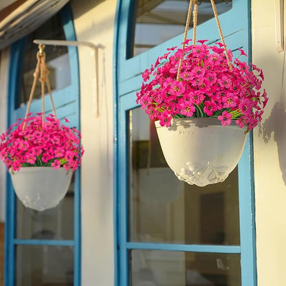 Outdoor Artificial Flowers 21 UV Resistant Bundles Fake Flower Plastic Plants Faux Silk Flowers Porch Hanging Garden Porch Window Box Decorating (Rose Red)